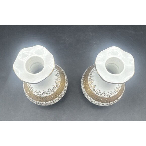 VTG Lefton Vanity Set 1752 White Hand Painted w/ Gold Trim Powder Vases/Bottles - Picture 8 of 12